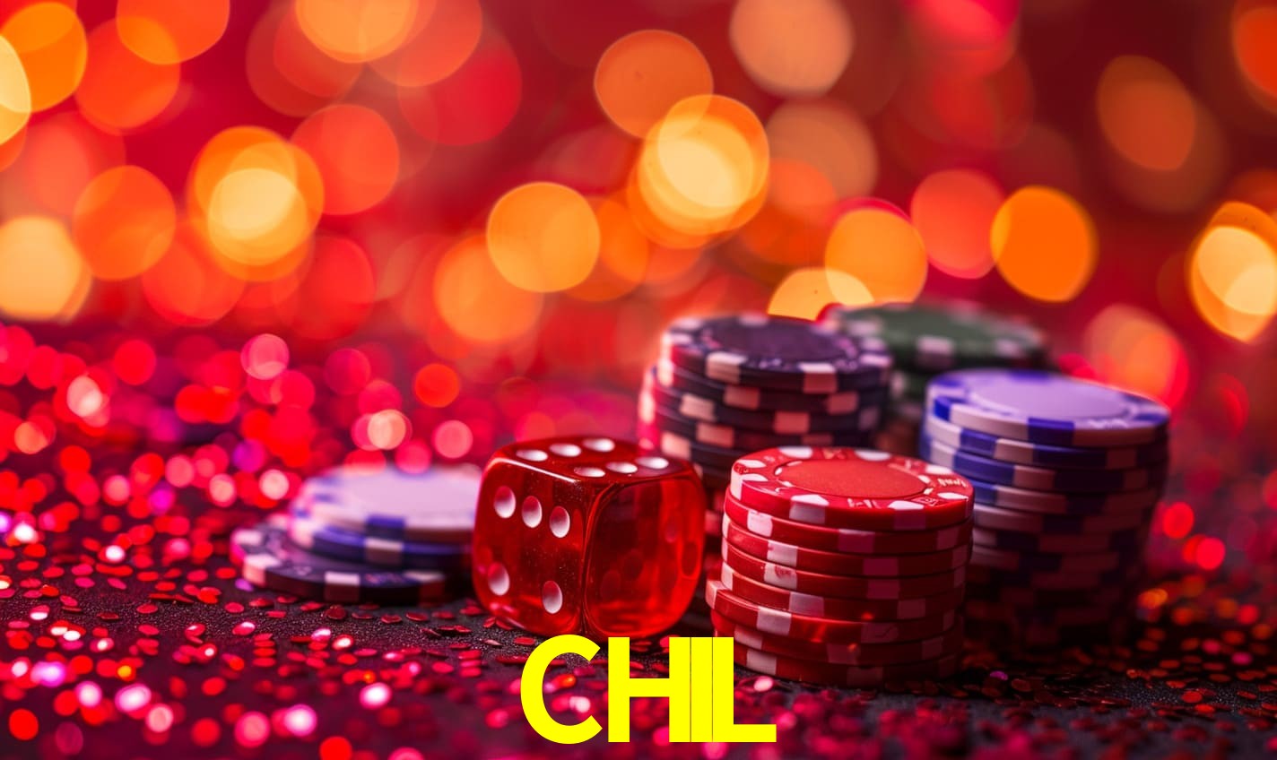 Una escena digital vívida inspirada en casino con CHIL mostrado prominentemente, luces brillantes, fichas, cartas y acentos dorados.