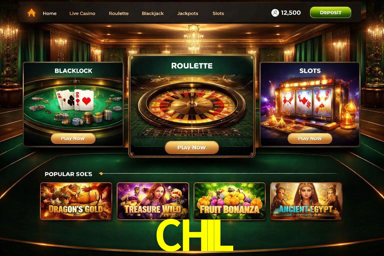 Vista de la plataforma CHIL Casino mostrando categorías organizadas de juegos en línea